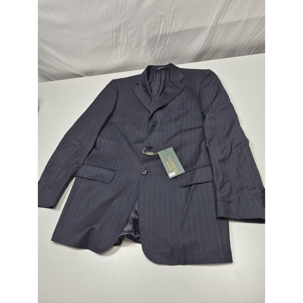 Zanieri Suit Jacket Mens 40L Blue Wool Super 100s Pinstripe 3 Button Italy NWT